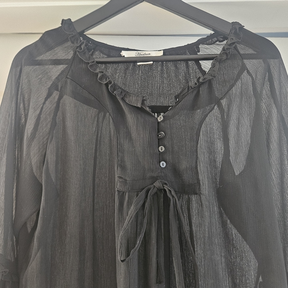 Black Ruffled Sheer Blouse Long Sleeve Business Medium - Picture 3 of 4